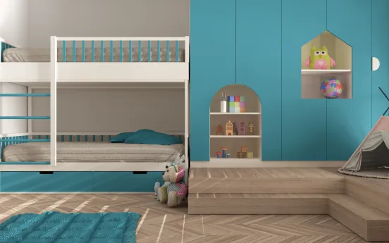 Farblich abgestimmtes Kinderzimmer mit Podest und viel Stauraum